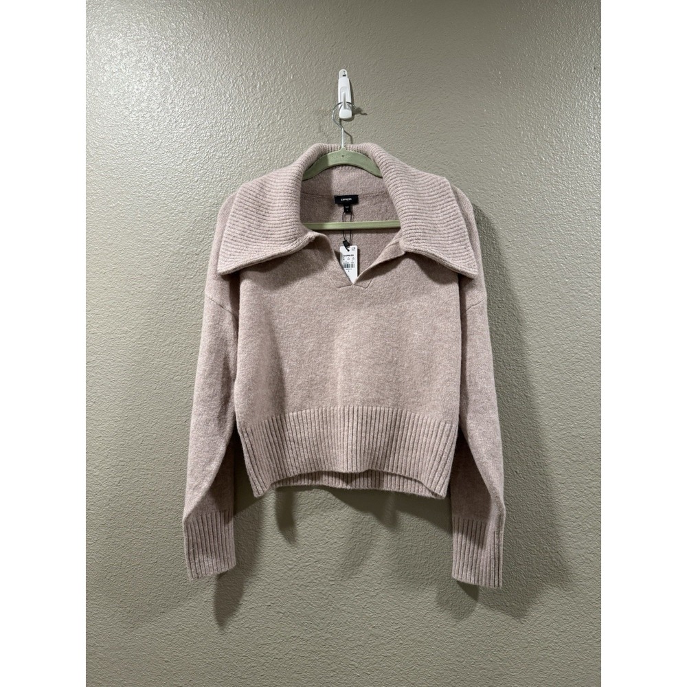 Express Sweater Womens‎ S Pink Oversized Collar V-Neck Wool Blend Knit Pullover